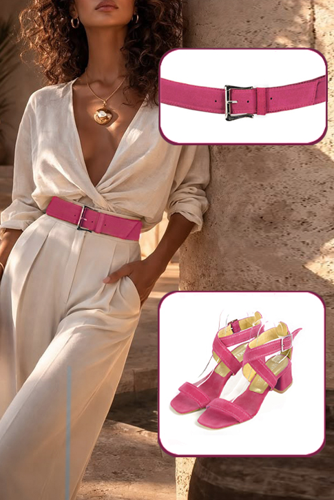 Women's fuchsia pink elegant fully open cross straps sandals. Square toe. Low flare heels - Top view